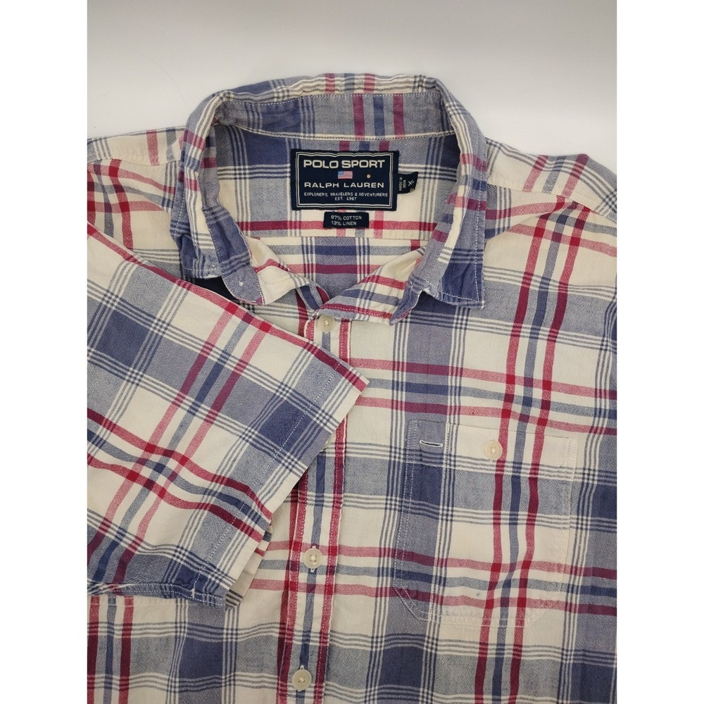 Polo Sport Ralph Lauren Button Up Shirt Cotton Linen Plaid Mens‎  XL